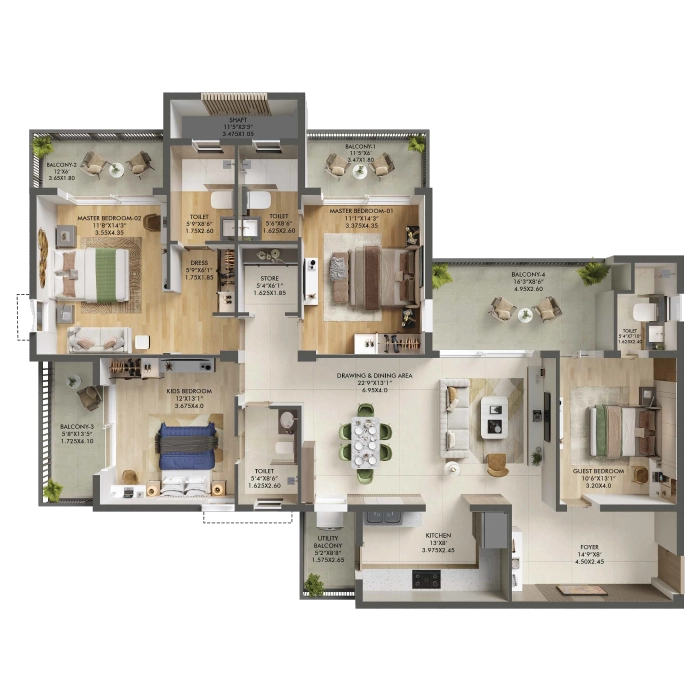 Ashiana Aaroham 4 BHK Type-I Floor Plan